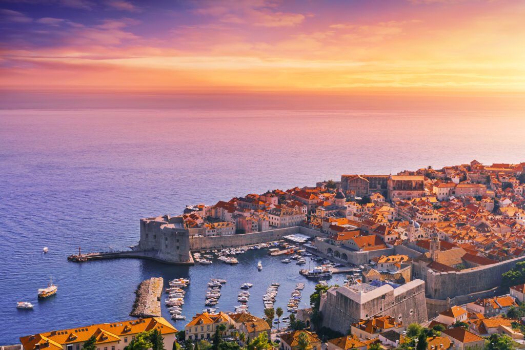 Croatia sunset setting over the Old Town of Dubrovnik